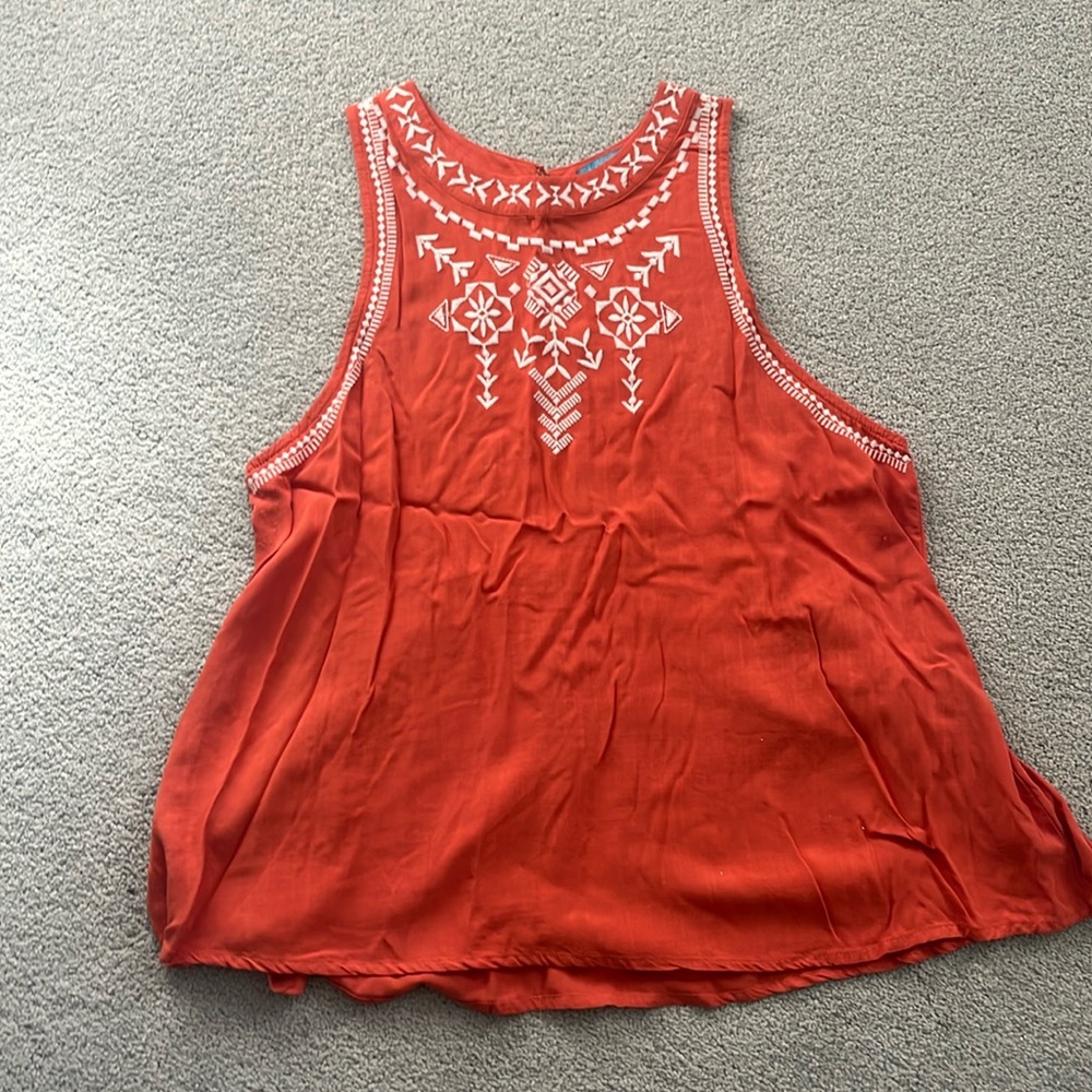 Francesca’s Embroidered Orange Flowy Tank Top, Size L